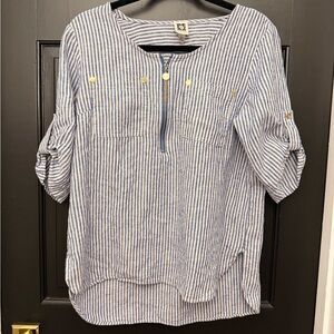 Anne Klein Blue and White Striped Linen Blend Top